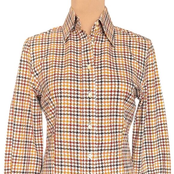 VTG ETRO Shirt Sz.6 Cream Brown Houndstooth Academia Career Italian Old Money - Picture 2 of 14